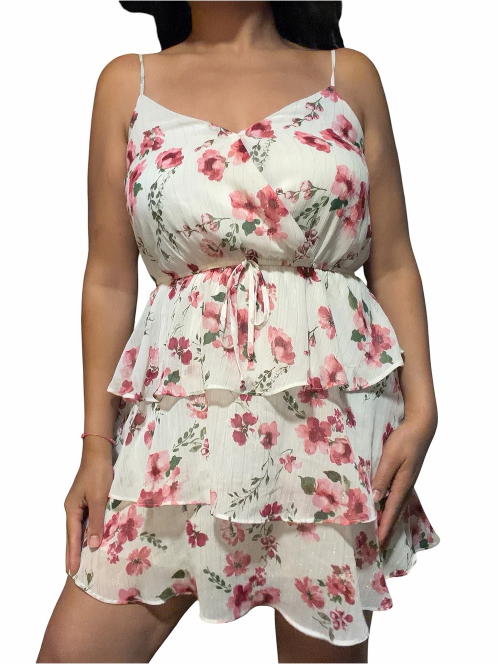 Trixxi White Floral Tiered Midi Dress with Pink Flowers